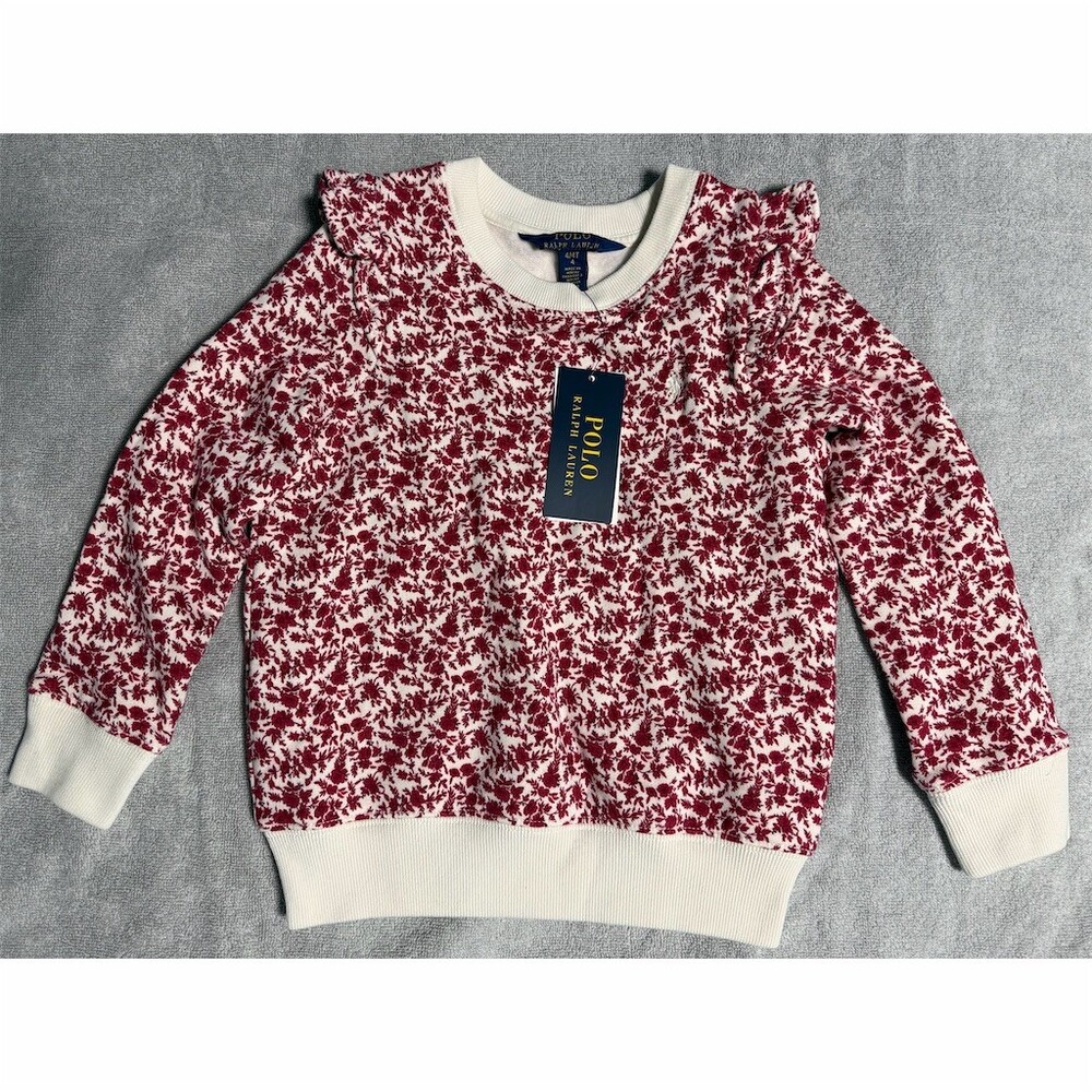 Polo Ralph Lauren Girls Red Floral Ruffle Crewneck Sweatshirt Size 4